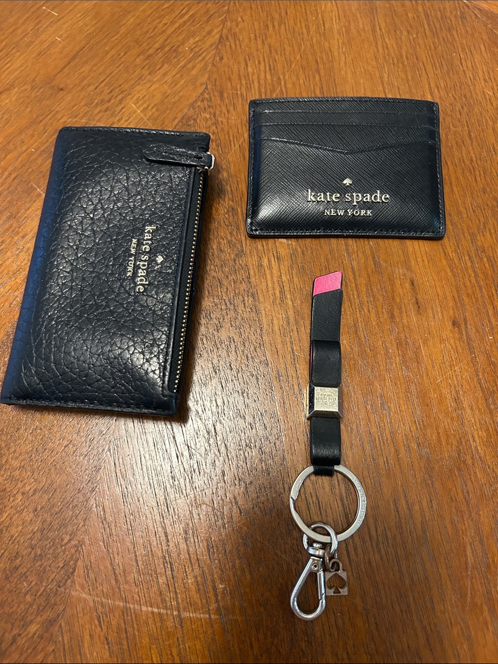 kate spade Black Leather Card Holder, Zip Wallet & Key Fob Set with Pink Accent